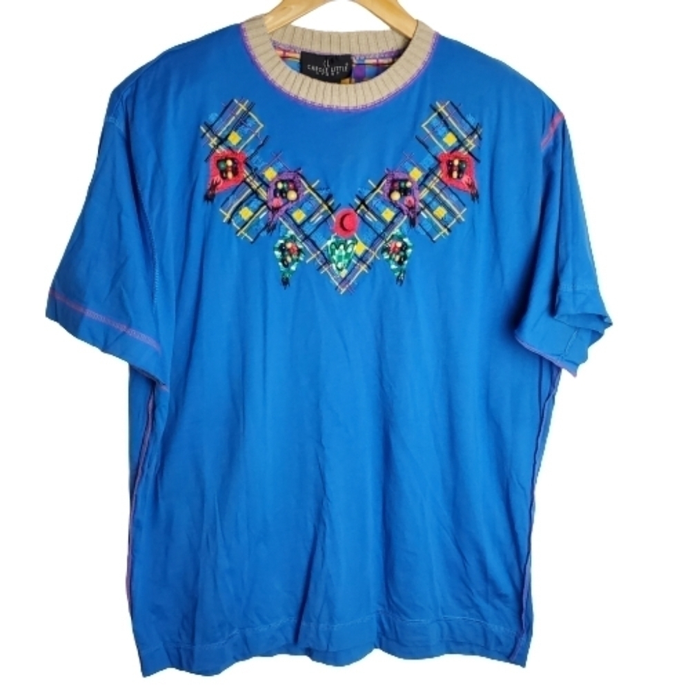 Vintage 90s Blouse Womens Medium Carole Little Blue Embroidered Embellished